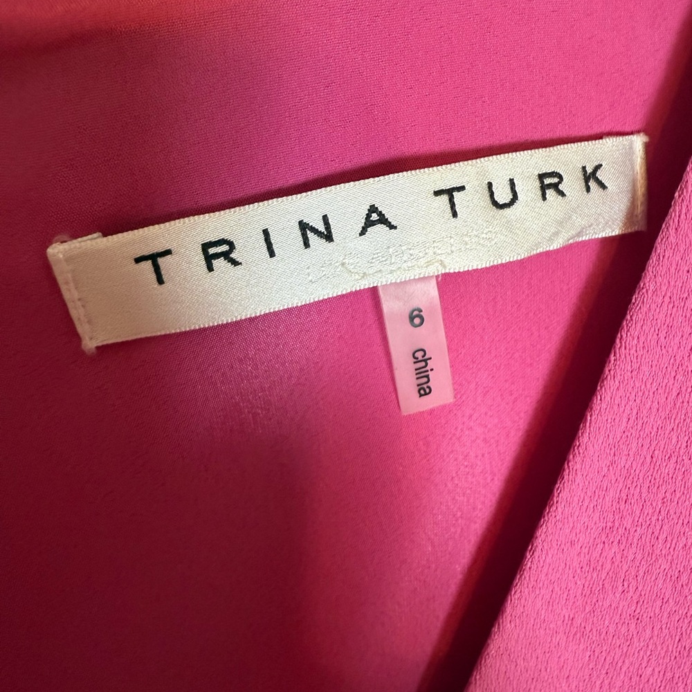 $295 Trina Turk valerian hot pink w orange Embroidered puff sleeves Sheath Dress - Picture 5 of 8